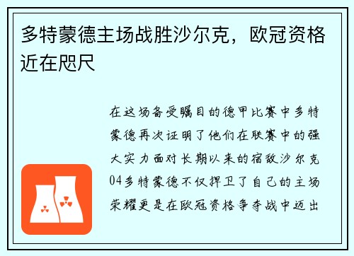 多特蒙德主场战胜沙尔克，欧冠资格近在咫尺